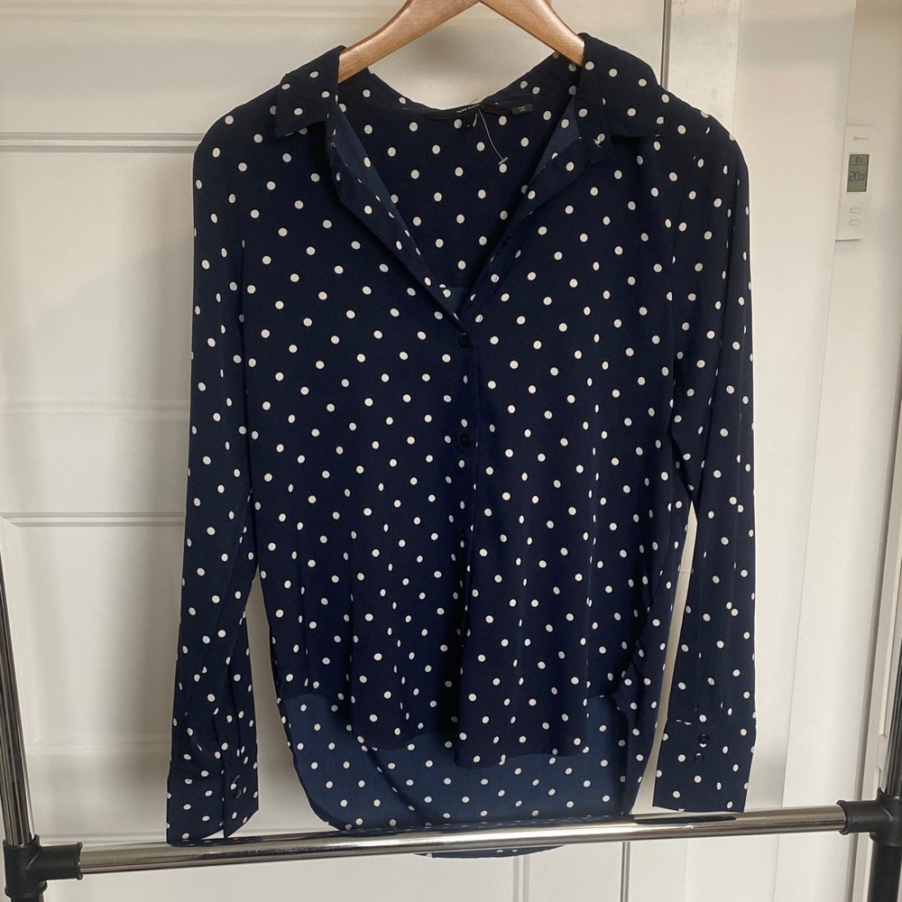 Polka Dot Long-Sleeve Blouse - Navy with White Dots